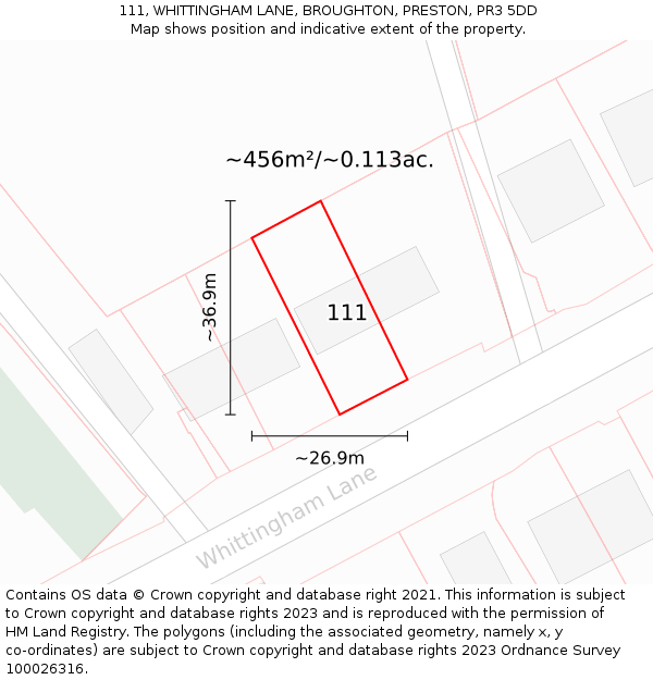 111, WHITTINGHAM LANE, BROUGHTON, PRESTON, PR3 5DD: Plot and title map