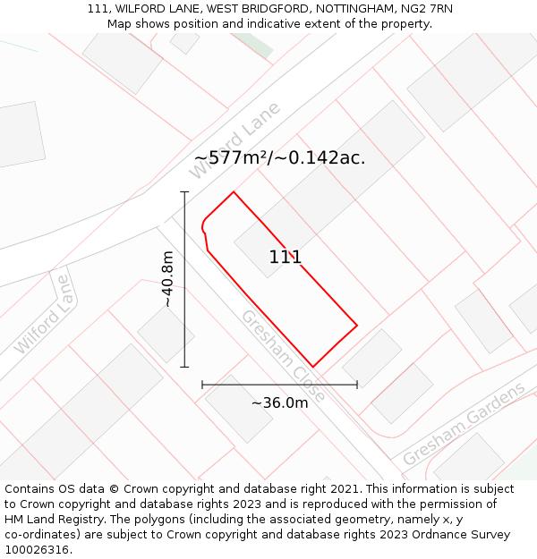 111, WILFORD LANE, WEST BRIDGFORD, NOTTINGHAM, NG2 7RN: Plot and title map