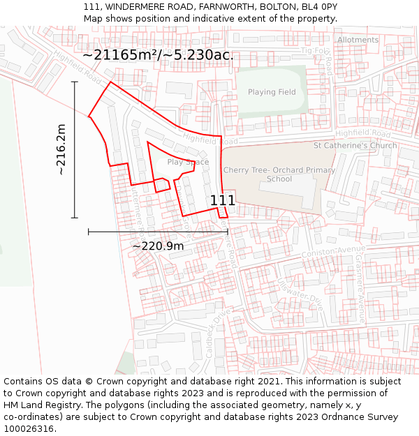 111, WINDERMERE ROAD, FARNWORTH, BOLTON, BL4 0PY: Plot and title map