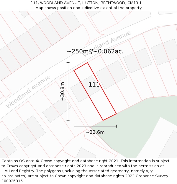 111, WOODLAND AVENUE, HUTTON, BRENTWOOD, CM13 1HH: Plot and title map