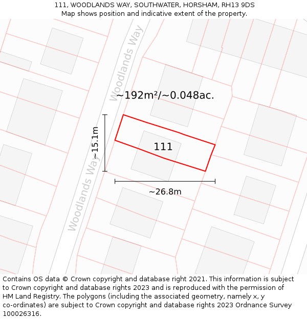 111, WOODLANDS WAY, SOUTHWATER, HORSHAM, RH13 9DS: Plot and title map