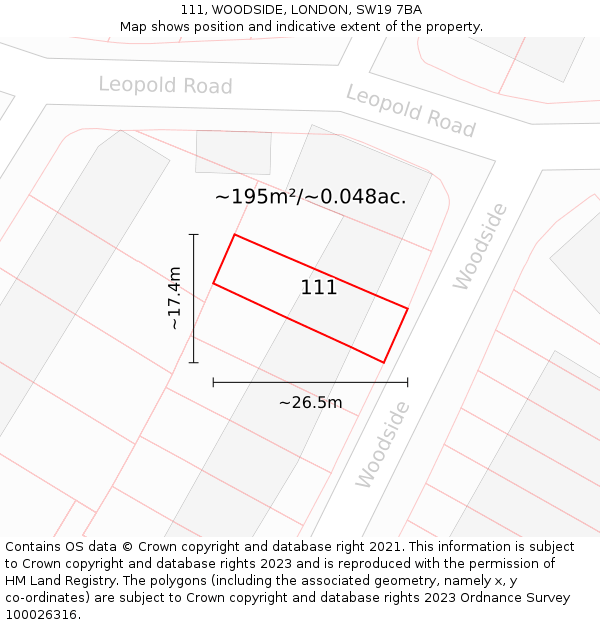 111, WOODSIDE, LONDON, SW19 7BA: Plot and title map