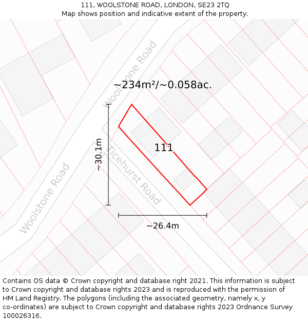 111, WOOLSTONE ROAD, LONDON, SE23 2TQ: Plot and title map