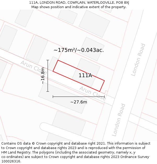 111A, LONDON ROAD, COWPLAIN, WATERLOOVILLE, PO8 8XJ: Plot and title map