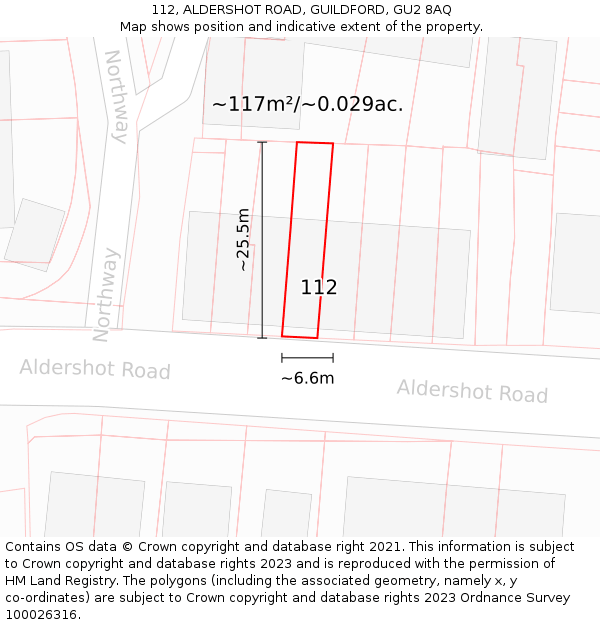 112, ALDERSHOT ROAD, GUILDFORD, GU2 8AQ: Plot and title map