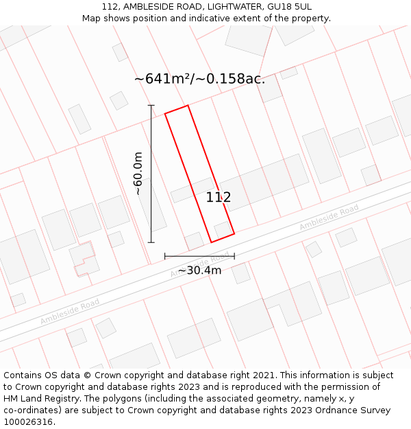 112, AMBLESIDE ROAD, LIGHTWATER, GU18 5UL: Plot and title map