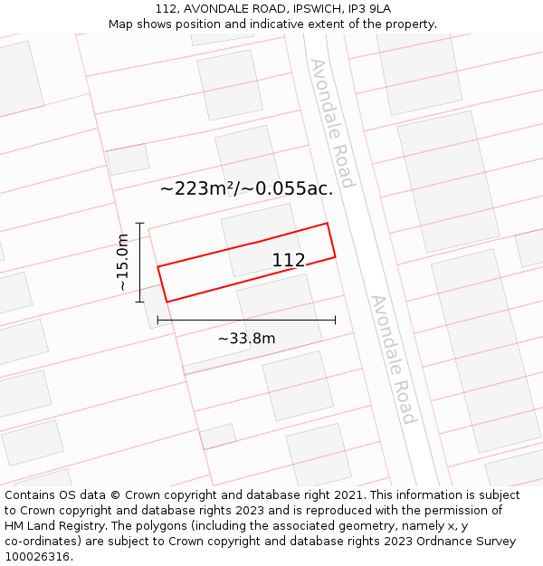 112, AVONDALE ROAD, IPSWICH, IP3 9LA: Plot and title map