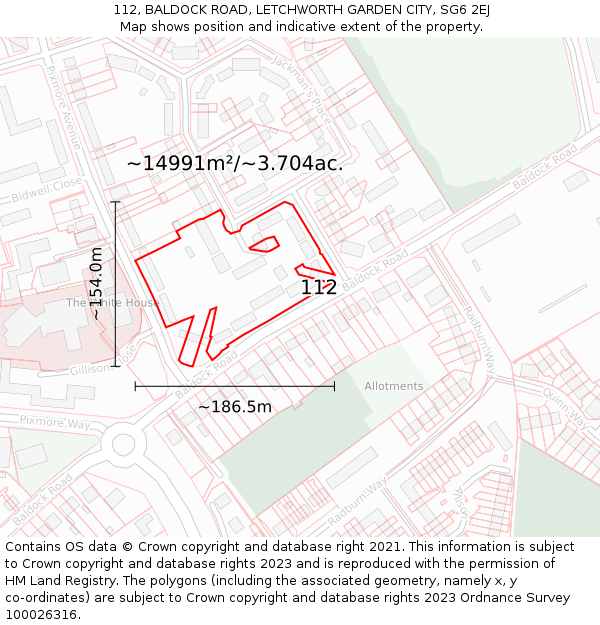 112, BALDOCK ROAD, LETCHWORTH GARDEN CITY, SG6 2EJ: Plot and title map