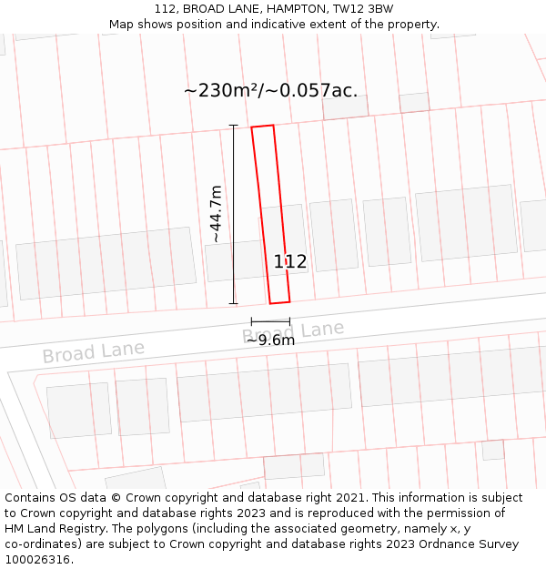 112, BROAD LANE, HAMPTON, TW12 3BW: Plot and title map