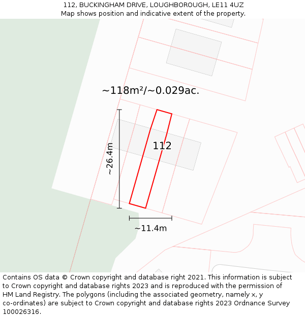 112, BUCKINGHAM DRIVE, LOUGHBOROUGH, LE11 4UZ: Plot and title map