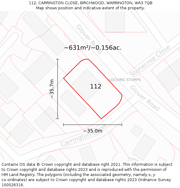 112, CARRINGTON CLOSE, BIRCHWOOD, WARRINGTON, WA3 7QB: Plot and title map