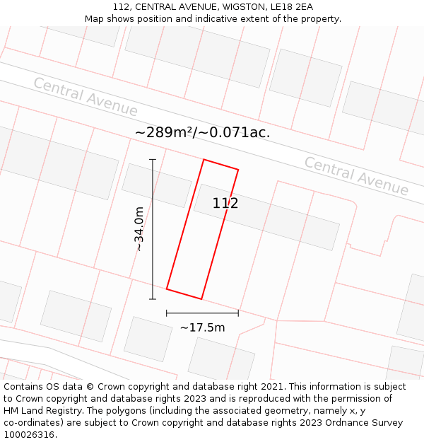 112, CENTRAL AVENUE, WIGSTON, LE18 2EA: Plot and title map