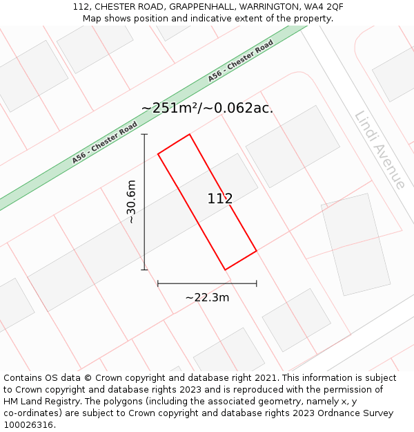 112, CHESTER ROAD, GRAPPENHALL, WARRINGTON, WA4 2QF: Plot and title map