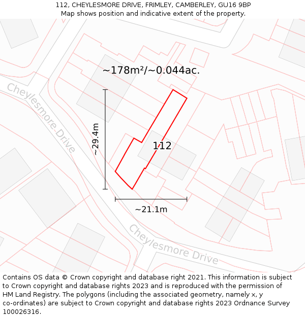 112, CHEYLESMORE DRIVE, FRIMLEY, CAMBERLEY, GU16 9BP: Plot and title map