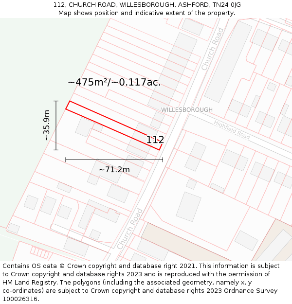 112, CHURCH ROAD, WILLESBOROUGH, ASHFORD, TN24 0JG: Plot and title map