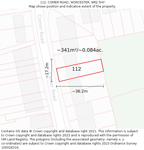 112, COMER ROAD, WORCESTER, WR2 5HY: Plot and title map