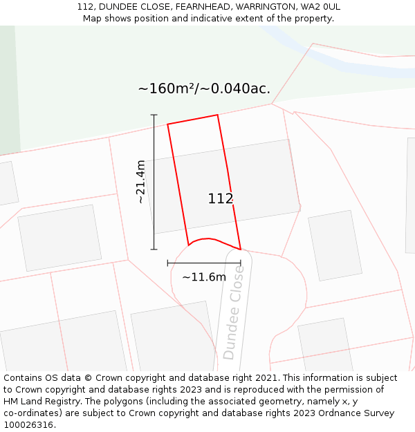 112, DUNDEE CLOSE, FEARNHEAD, WARRINGTON, WA2 0UL: Plot and title map