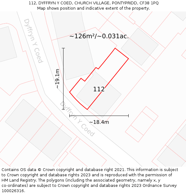 112, DYFFRYN Y COED, CHURCH VILLAGE, PONTYPRIDD, CF38 1PQ: Plot and title map