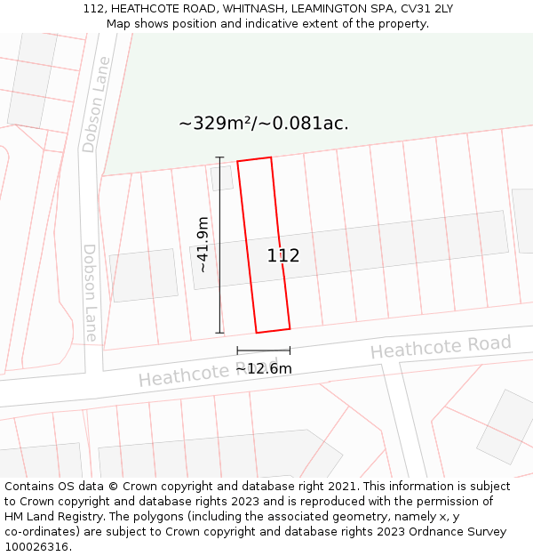 112, HEATHCOTE ROAD, WHITNASH, LEAMINGTON SPA, CV31 2LY: Plot and title map