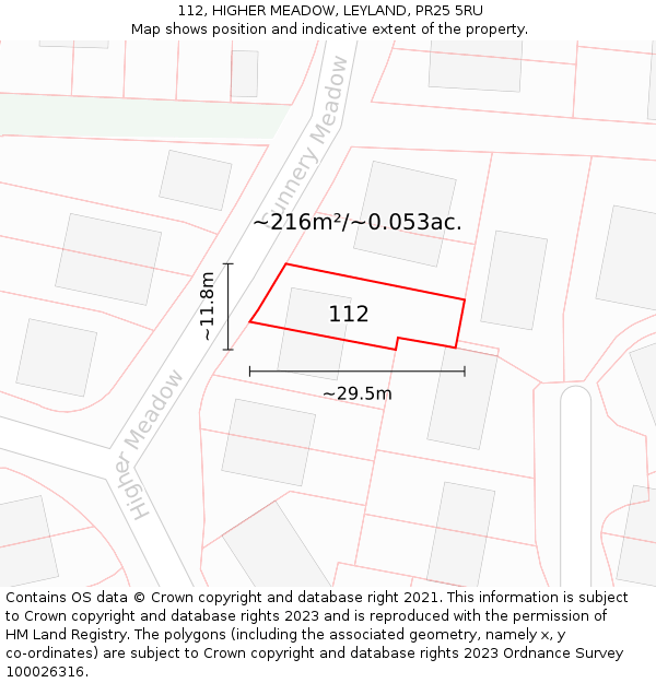 112, HIGHER MEADOW, LEYLAND, PR25 5RU: Plot and title map