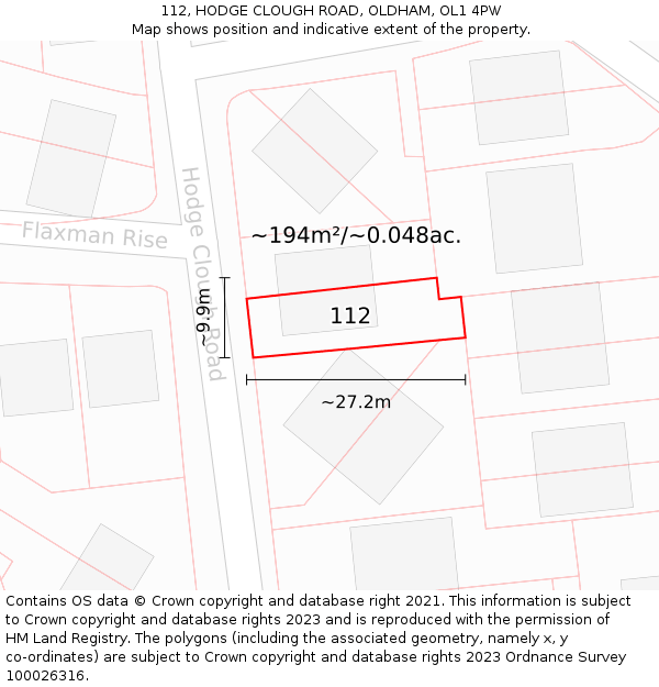 112, HODGE CLOUGH ROAD, OLDHAM, OL1 4PW: Plot and title map