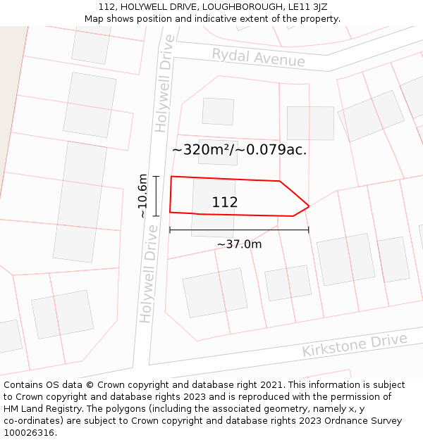 112, HOLYWELL DRIVE, LOUGHBOROUGH, LE11 3JZ: Plot and title map