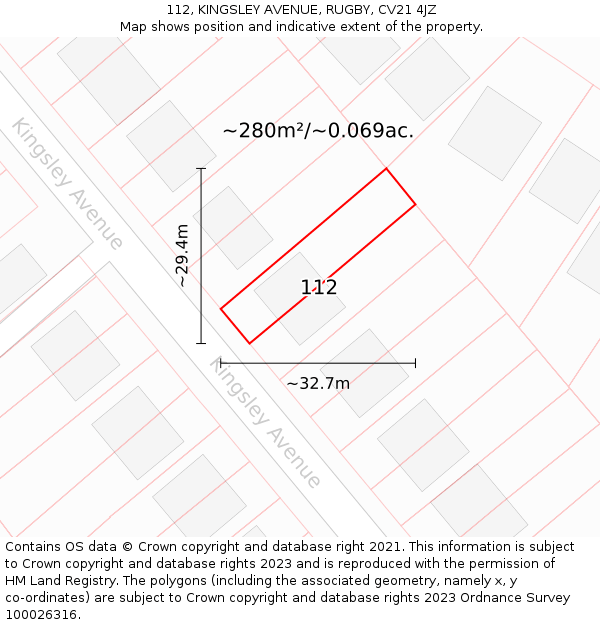 112, KINGSLEY AVENUE, RUGBY, CV21 4JZ: Plot and title map