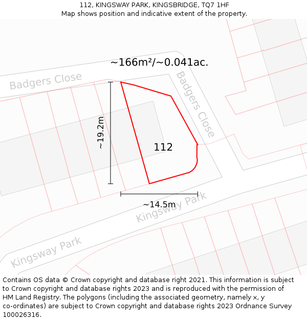 112, KINGSWAY PARK, KINGSBRIDGE, TQ7 1HF: Plot and title map
