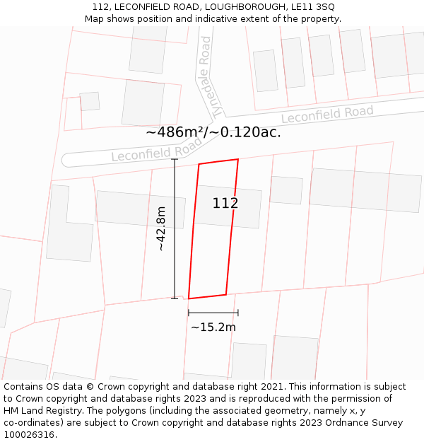 112, LECONFIELD ROAD, LOUGHBOROUGH, LE11 3SQ: Plot and title map