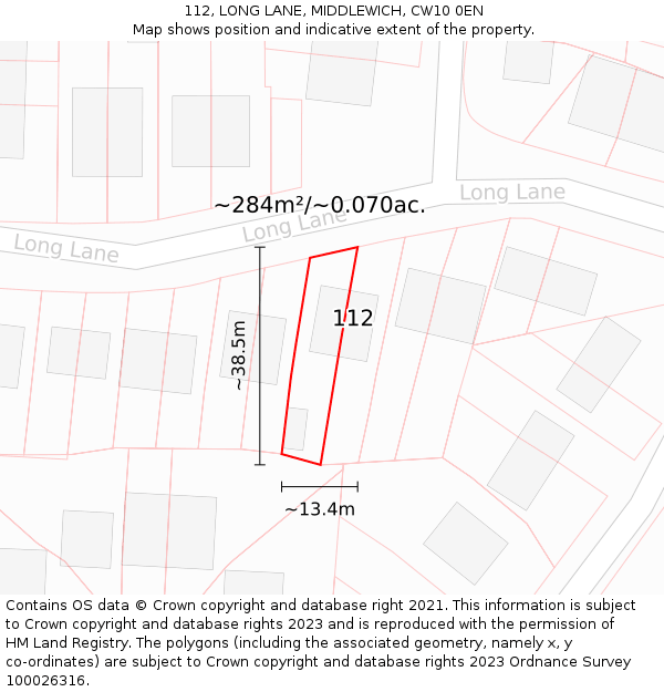 112, LONG LANE, MIDDLEWICH, CW10 0EN: Plot and title map