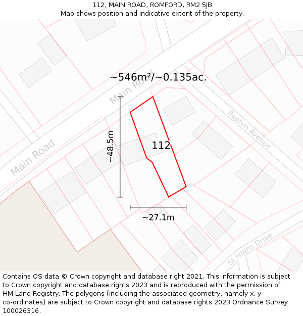 112, MAIN ROAD, ROMFORD, RM2 5JB: Plot and title map