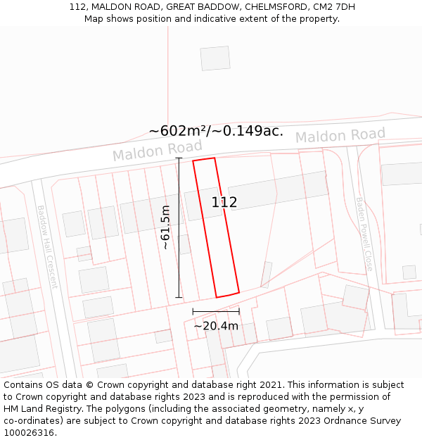 112, MALDON ROAD, GREAT BADDOW, CHELMSFORD, CM2 7DH: Plot and title map