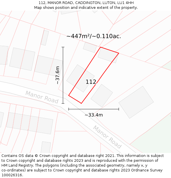 112, MANOR ROAD, CADDINGTON, LUTON, LU1 4HH: Plot and title map