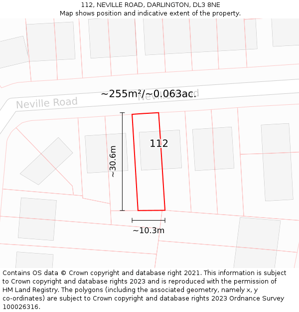 112, NEVILLE ROAD, DARLINGTON, DL3 8NE: Plot and title map