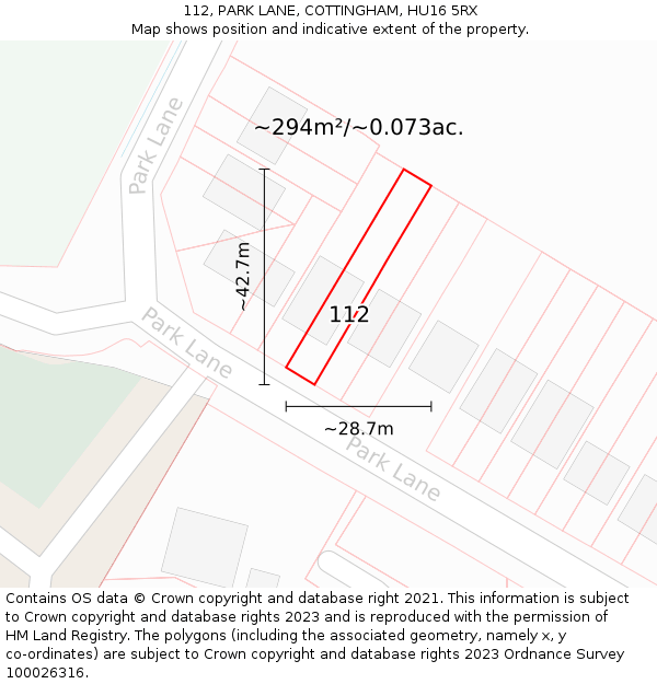 112, PARK LANE, COTTINGHAM, HU16 5RX: Plot and title map