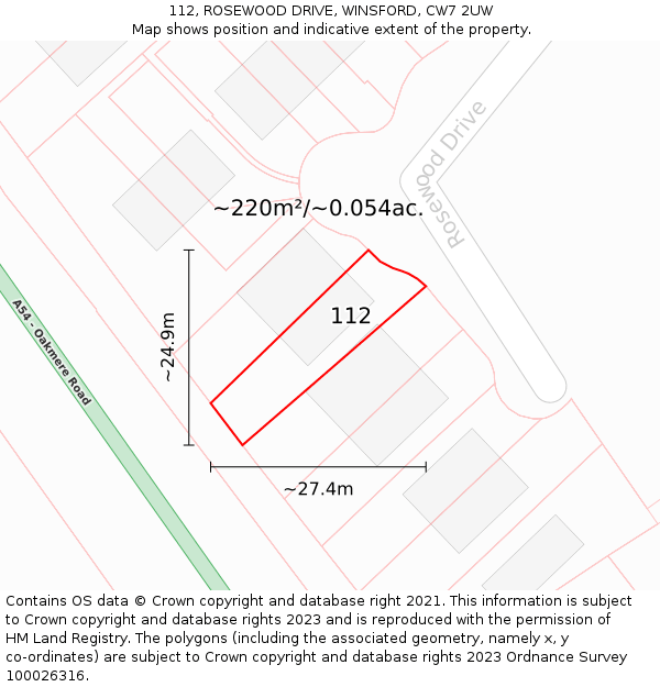 112, ROSEWOOD DRIVE, WINSFORD, CW7 2UW: Plot and title map