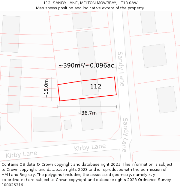 112, SANDY LANE, MELTON MOWBRAY, LE13 0AW: Plot and title map