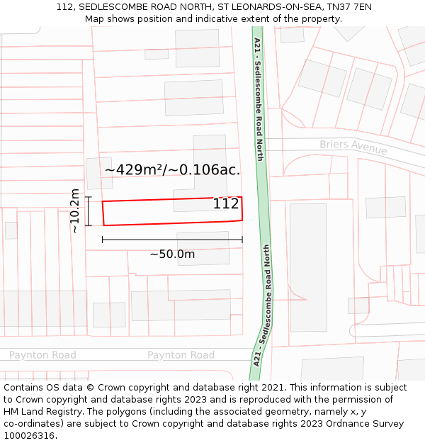 112, SEDLESCOMBE ROAD NORTH, ST LEONARDS-ON-SEA, TN37 7EN: Plot and title map