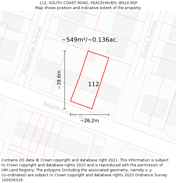 112, SOUTH COAST ROAD, PEACEHAVEN, BN10 8SP: Plot and title map