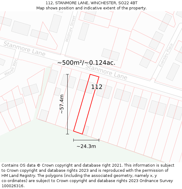 112, STANMORE LANE, WINCHESTER, SO22 4BT: Plot and title map