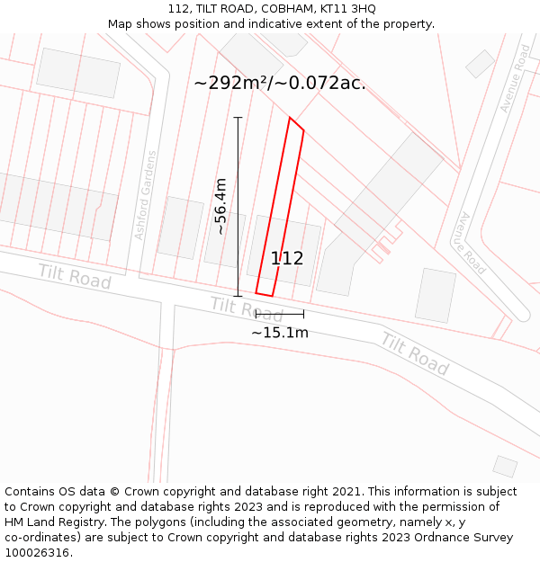 112, TILT ROAD, COBHAM, KT11 3HQ: Plot and title map