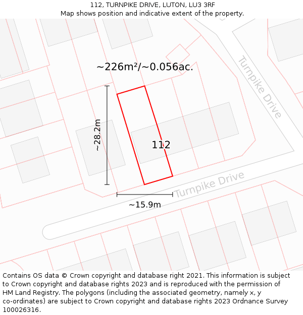 112, TURNPIKE DRIVE, LUTON, LU3 3RF: Plot and title map