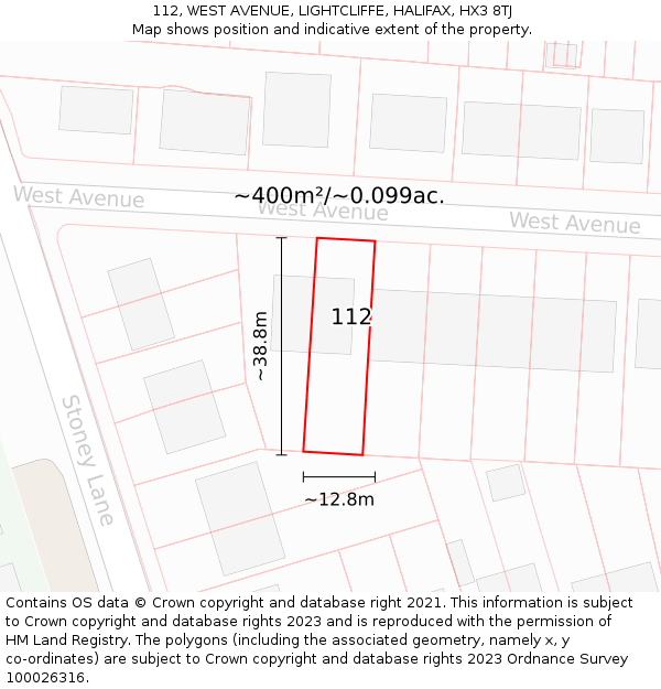 112, WEST AVENUE, LIGHTCLIFFE, HALIFAX, HX3 8TJ: Plot and title map