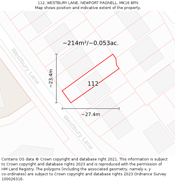 112, WESTBURY LANE, NEWPORT PAGNELL, MK16 8PN: Plot and title map