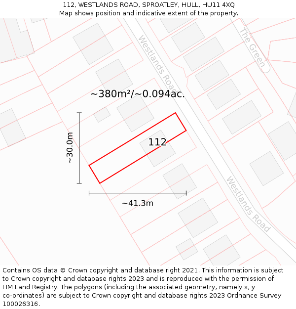 112, WESTLANDS ROAD, SPROATLEY, HULL, HU11 4XQ: Plot and title map