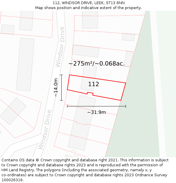 112, WINDSOR DRIVE, LEEK, ST13 6NN: Plot and title map