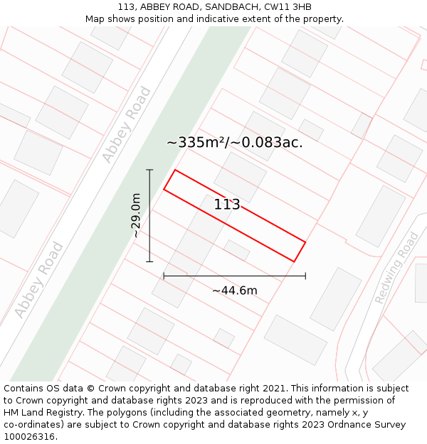 113, ABBEY ROAD, SANDBACH, CW11 3HB: Plot and title map