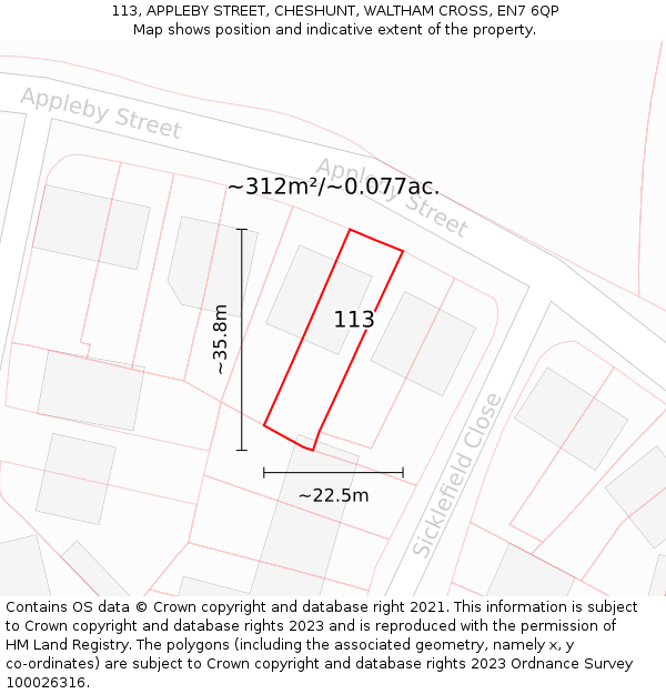 113, APPLEBY STREET, CHESHUNT, WALTHAM CROSS, EN7 6QP: Plot and title map