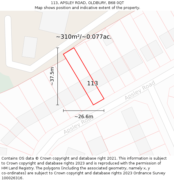 113, APSLEY ROAD, OLDBURY, B68 0QT: Plot and title map