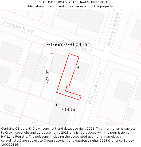 113, ARUNDEL ROAD, PEACEHAVEN, BN10 8HH: Plot and title map